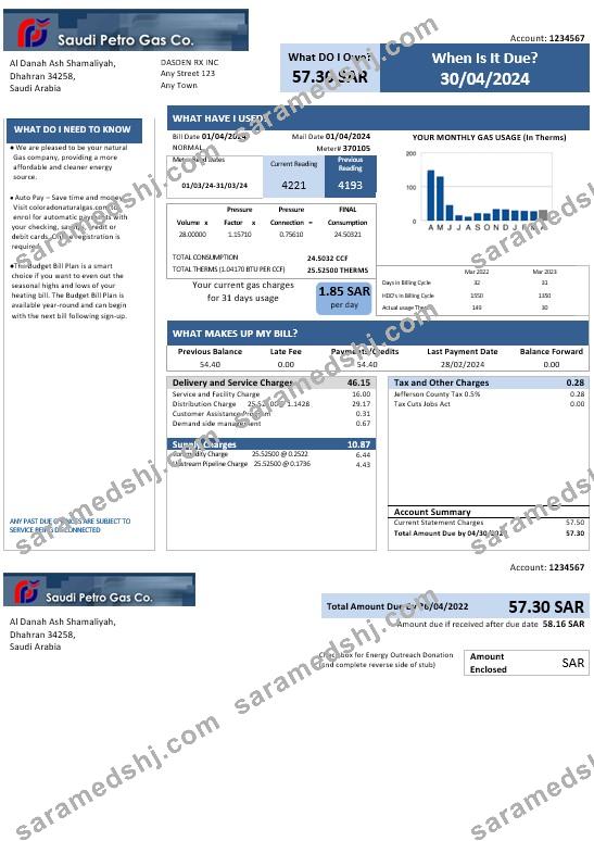 Saudi Arabia Saudi Petro Gas business utility bill, Word and PDF template